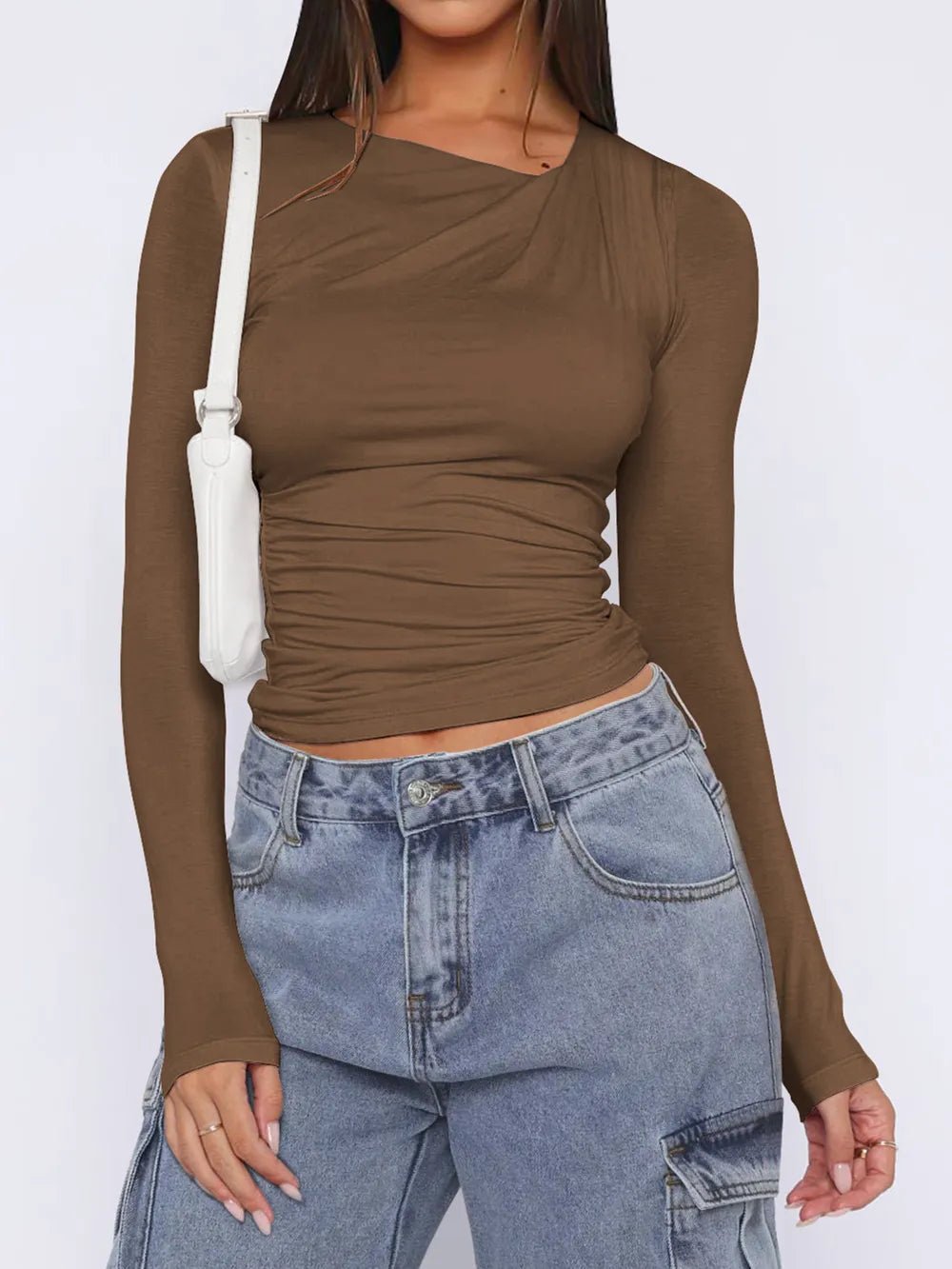 Ruched Asymmetrical Neck Long Sleeve T-Shirt - Crowned Energy CO.