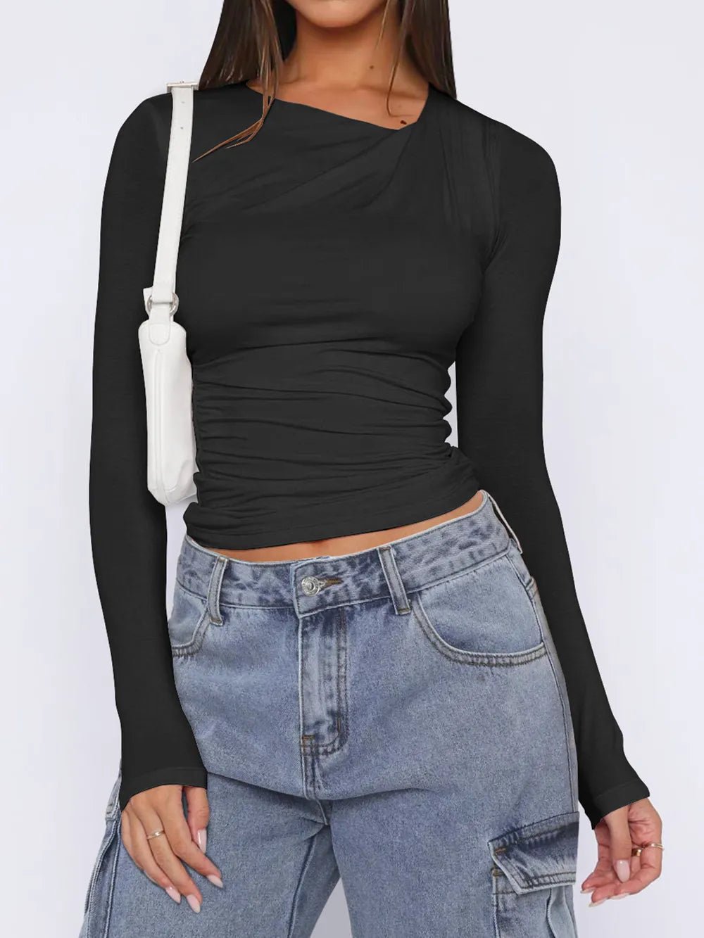 Ruched Asymmetrical Neck Long Sleeve T-Shirt - Crowned Energy CO.