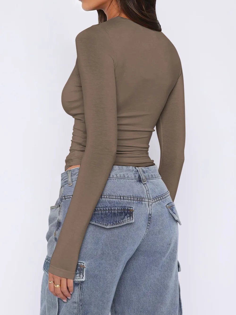 Ruched Asymmetrical Neck Long Sleeve T-Shirt - Crowned Energy CO.