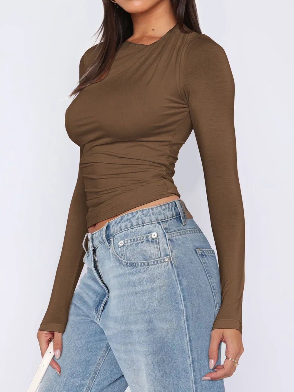 Ruched Asymmetrical Neck Long Sleeve T-Shirt - Crowned Energy CO.
