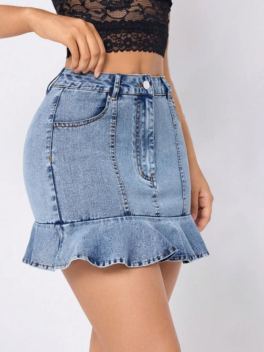 Ruffled Hem Denim Mini Skirt - Crowned Energy CO.