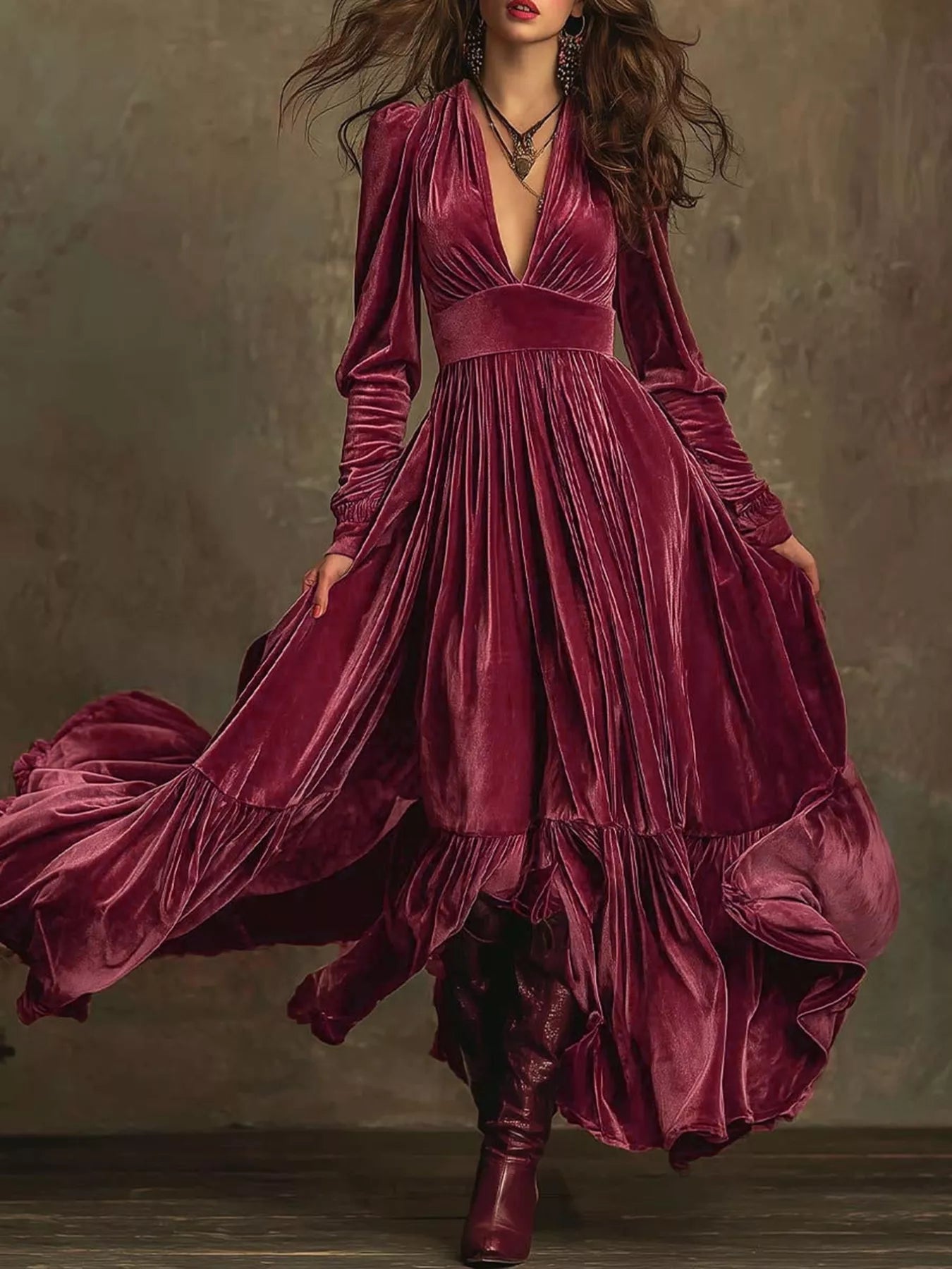 Ruffled Hem Long Sleeve Dress - Crowned Energy CO.