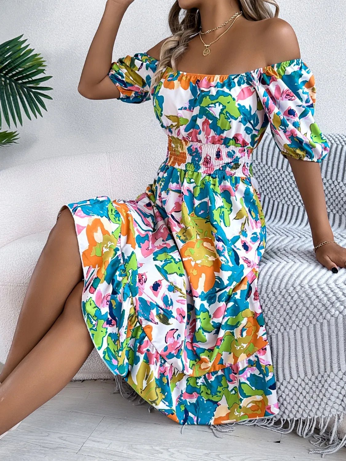Ruffled Hem Smocked Floral Short Sleeve Midi Dress - Crowned Energy CO.