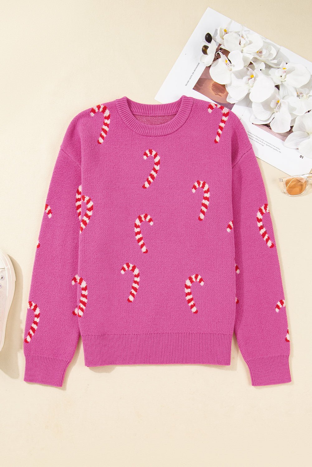 Sachet Pink Christmas Candy Cane Holiday Drop Shoulder Sweater - Goddess Vibes
