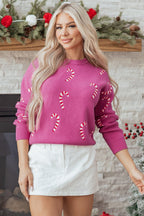 Sachet Pink Christmas Candy Cane Holiday Drop Shoulder Sweater - Goddess Vibes