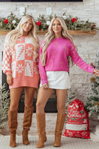 Sachet Pink Christmas Candy Cane Holiday Drop Shoulder Sweater - Goddess Vibes