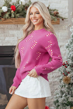 Sachet Pink Christmas Candy Cane Holiday Drop Shoulder Sweater - Goddess Vibes