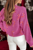 Sachet Pink Christmas Candy Cane Holiday Drop Shoulder Sweater - Goddess Vibes