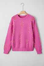 Sachet Pink Christmas Candy Cane Holiday Drop Shoulder Sweater - Goddess Vibes