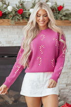 Sachet Pink Christmas Candy Cane Holiday Drop Shoulder Sweater - Goddess Vibes