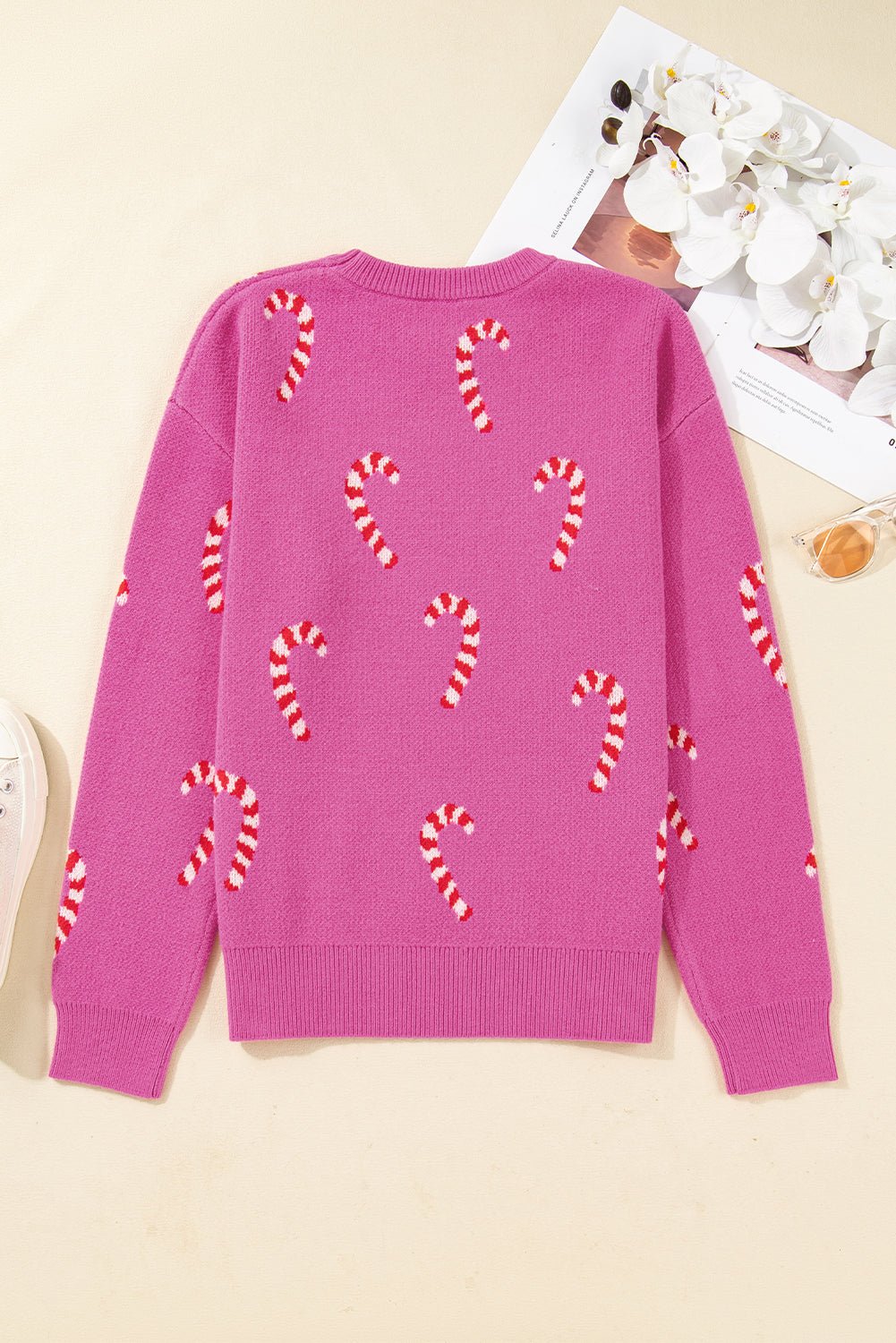 Sachet Pink Christmas Candy Cane Holiday Drop Shoulder Sweater - Goddess Vibes