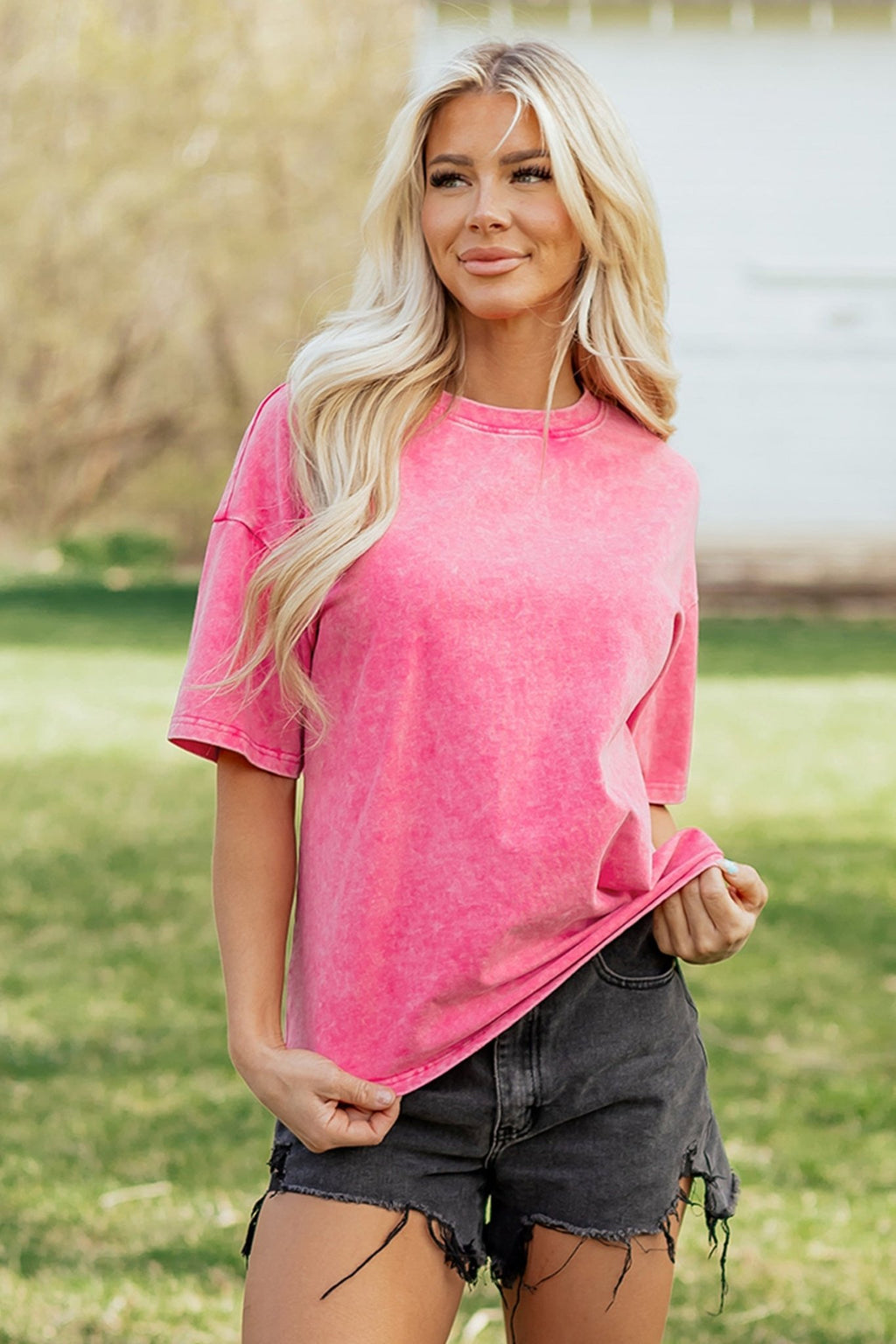 Sachet Pink Solid Color Cotton Mineral Washed Oversize Tee - Crowned Energy CO.