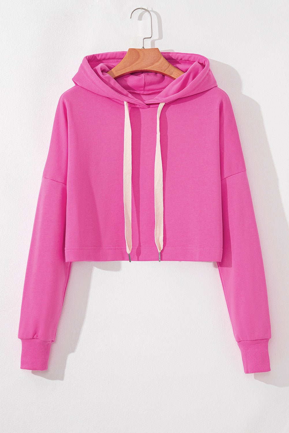 Sachet Pink Solid Drop Shoulder Drawstring Cropped Hoodie - Crowned Energy CO.
