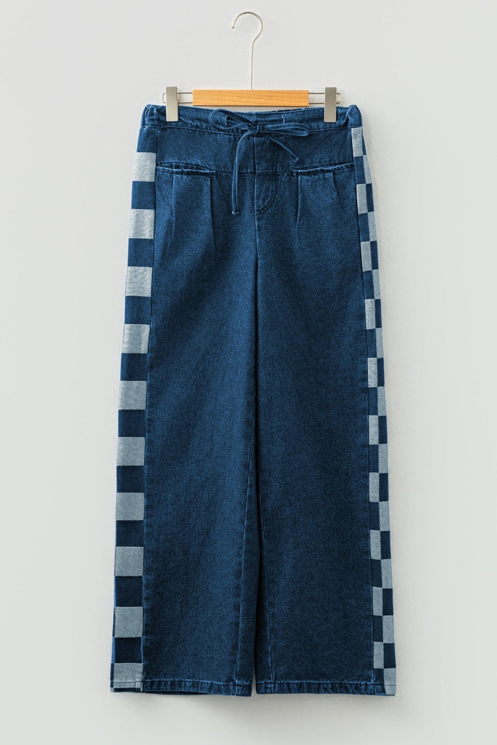 Sail Blue Checkered Side Panel Patchwork Drawstring Loose Denim Pants - Crowned Energy CO.