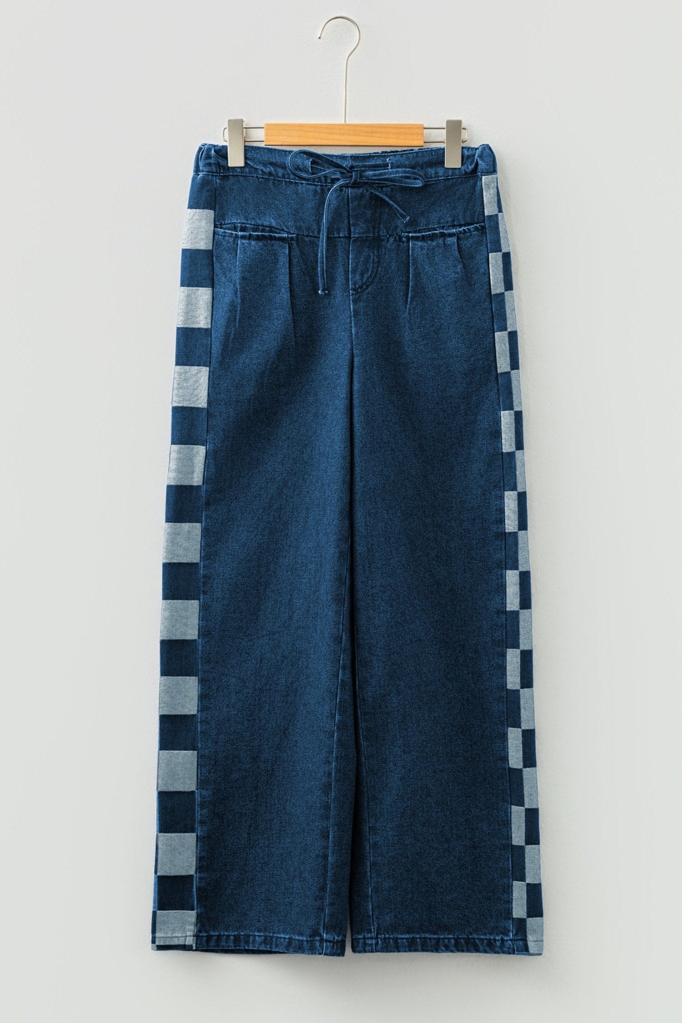 Sail Blue Checkered Side Panel Patchwork Drawstring Loose Denim Pants - Crowned Energy CO.