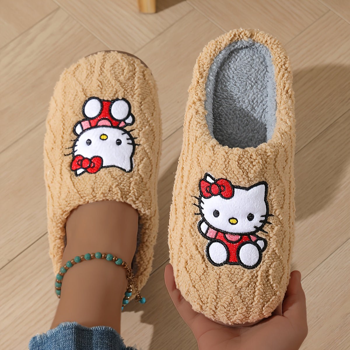 Sanrio Authentic Winter Slippers, Warm Lining, Hello Kitty Embroidery Design - Crowned Energy CO.