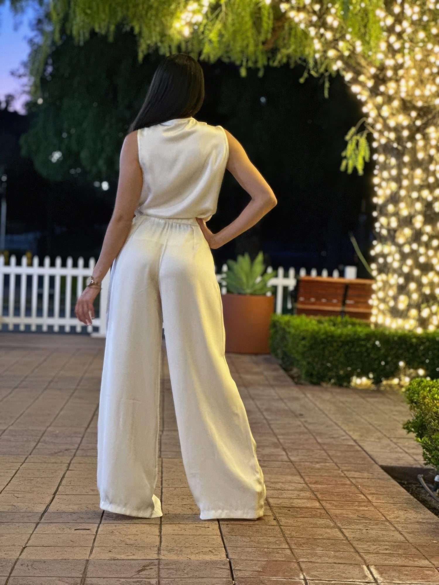 Satin Wide Leg Pants & Flower Sleeveless Top Set - Crowned Energy CO.
