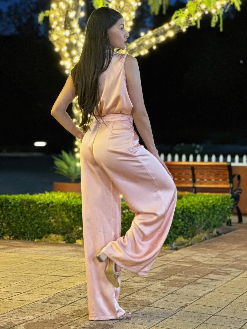 Satin Wide Leg Pants & Flower Sleeveless Top Set - Crowned Energy CO.