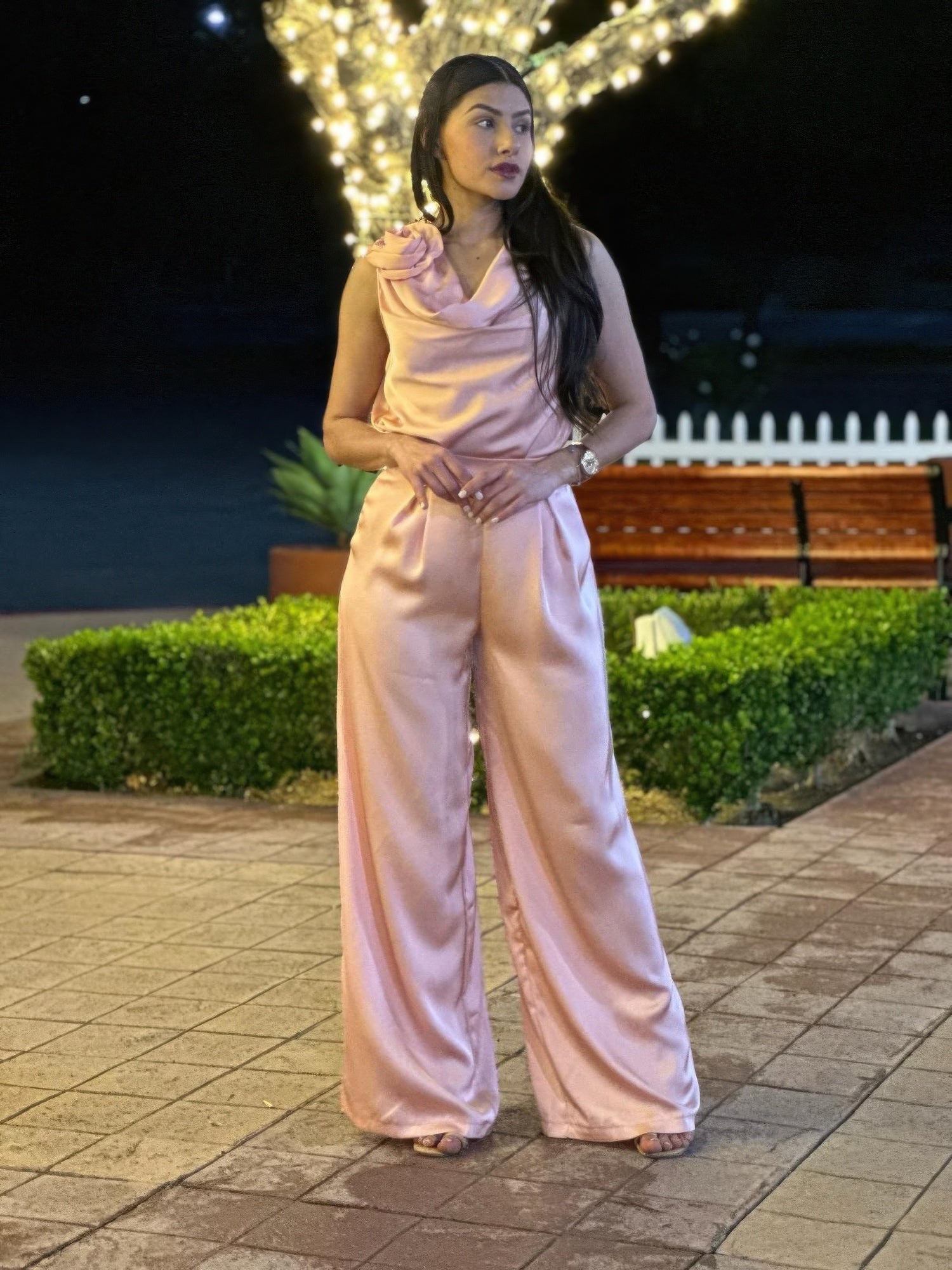 Satin Wide Leg Pants & Flower Sleeveless Top Set - Crowned Energy CO.