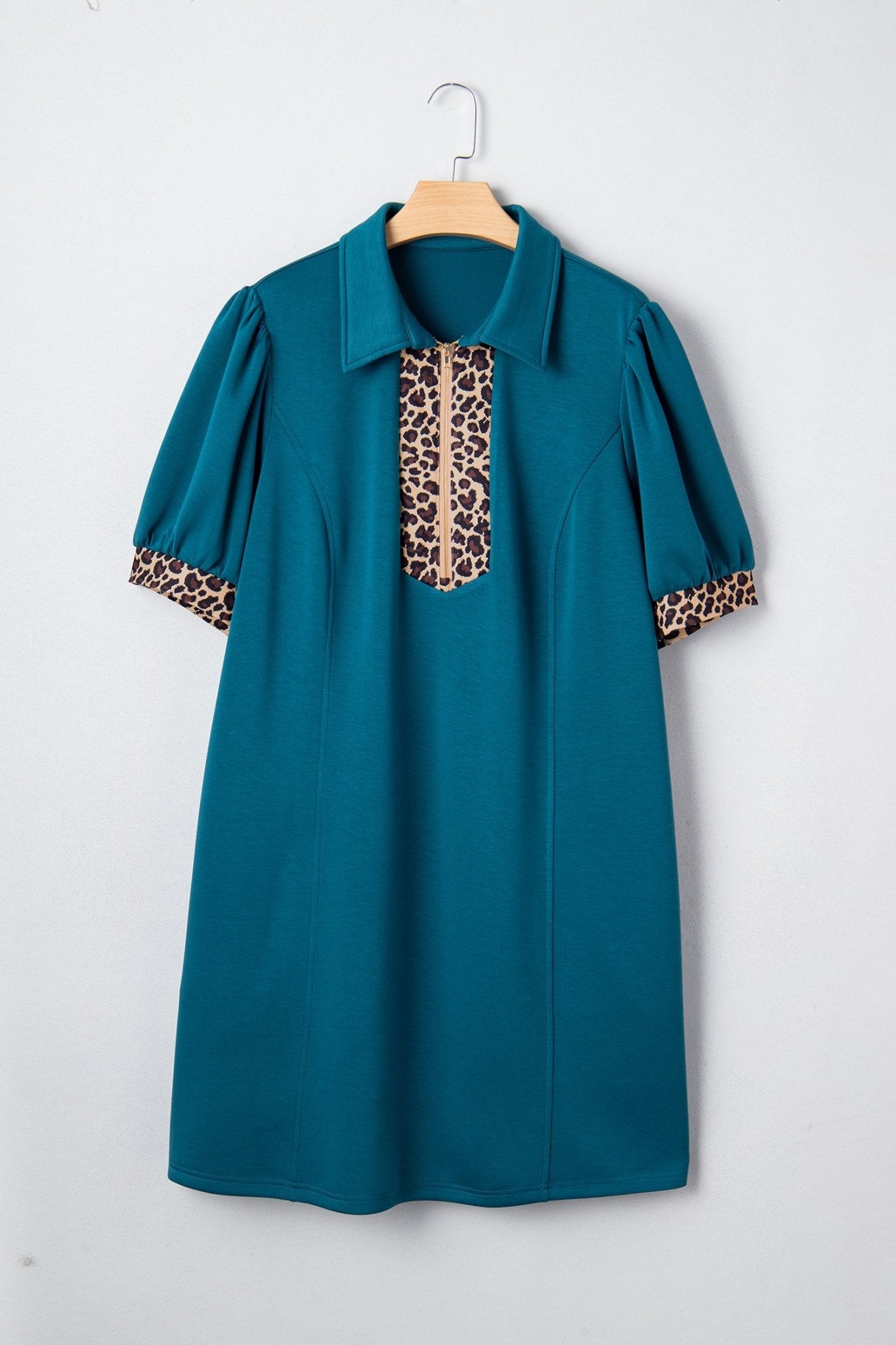 Sea Green Leopard Patchwork Detail Quarter Zip Collared Plus Size Mini Dress - Crowned Energy CO.