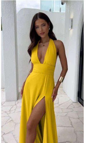 Crowned Energy CO. Yellow / 2XL Goddess Vibes Dresses Sexy Halterneck V-neck Slit Dress Summer Backless Strappy Skirt Fashion Temperament Clothing Women
