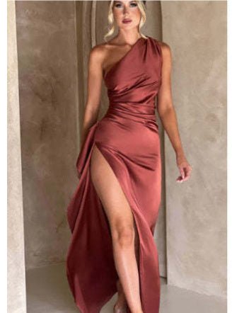 Crowned Energy CO. Light Brown / L CCWHOLESALECLOTHING Dresses Sexy One-shoulder Backless Slit Dress Summer Elegant Slim-fit Solid Color Satin Dresses For Women