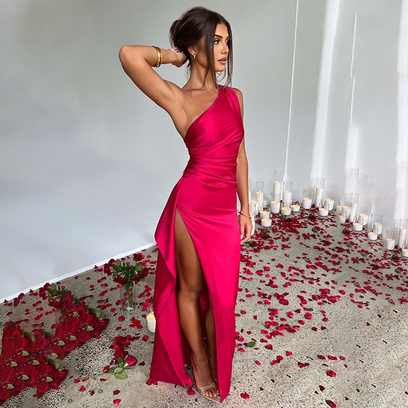 Crowned Energy CO. Red / L CCWHOLESALECLOTHING Dresses Sexy One-shoulder Backless Slit Dress Summer Elegant Slim-fit Solid Color Satin Dresses For Women