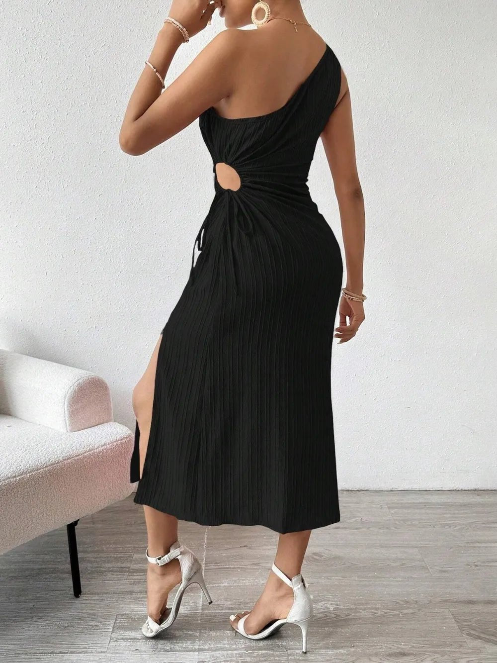 Side Slit Cutout Single Shoulder Dress - Crowned Energy CO.