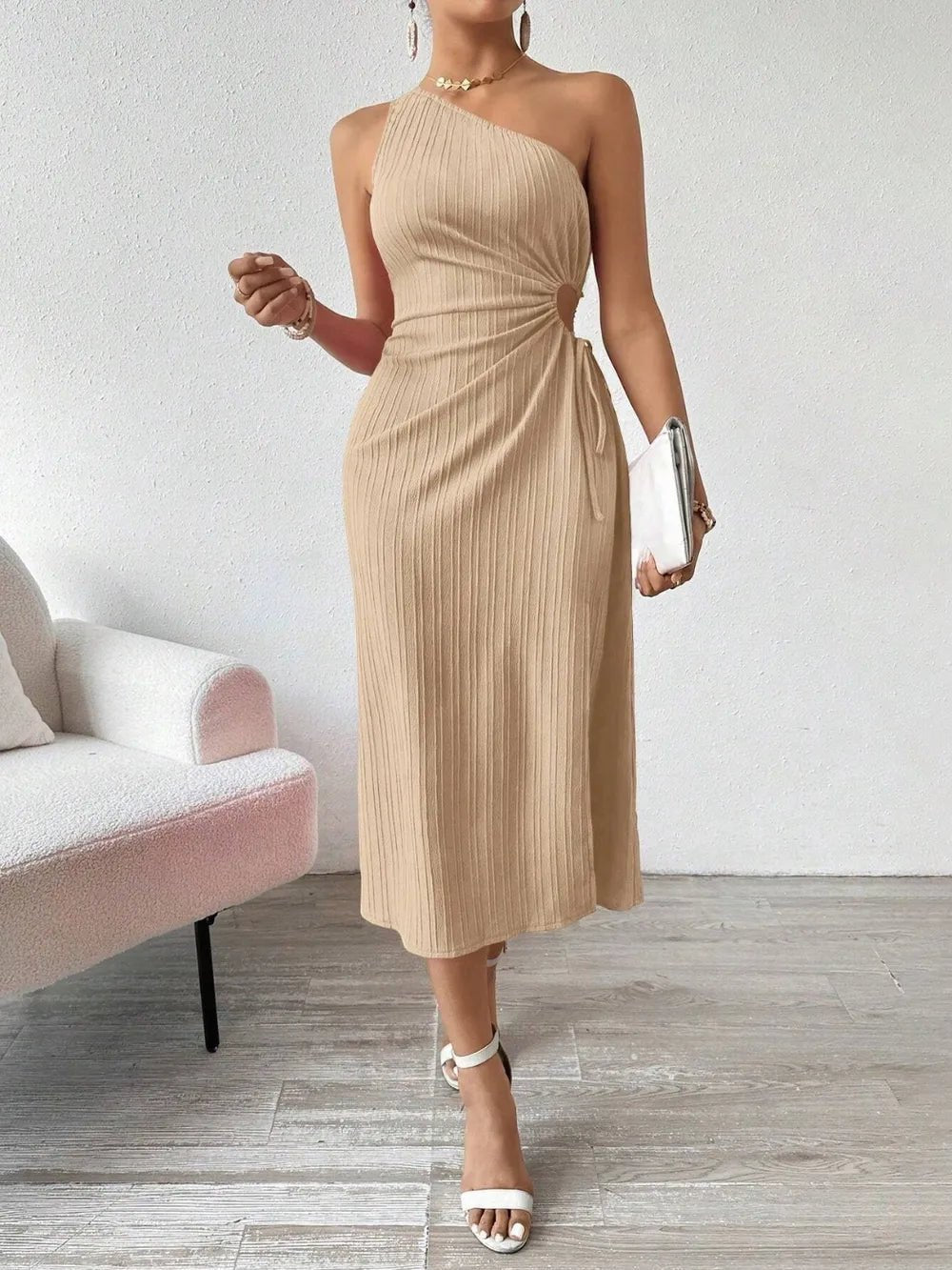 Side Slit Cutout Single Shoulder Dress - Crowned Energy CO.