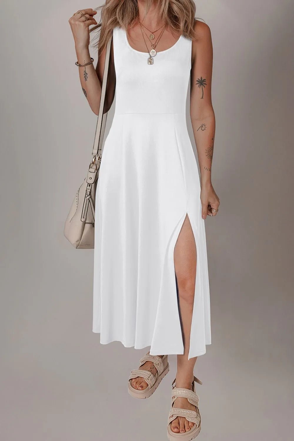 Side Slit Scoop Neck Wide Strap Dress - Goddess Vibes