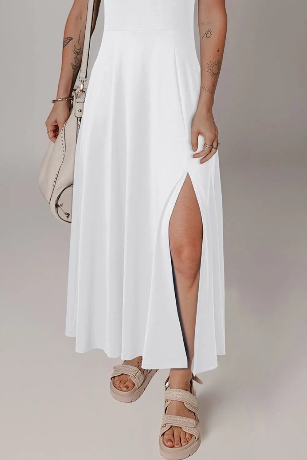 Side Slit Scoop Neck Wide Strap Dress - Goddess Vibes