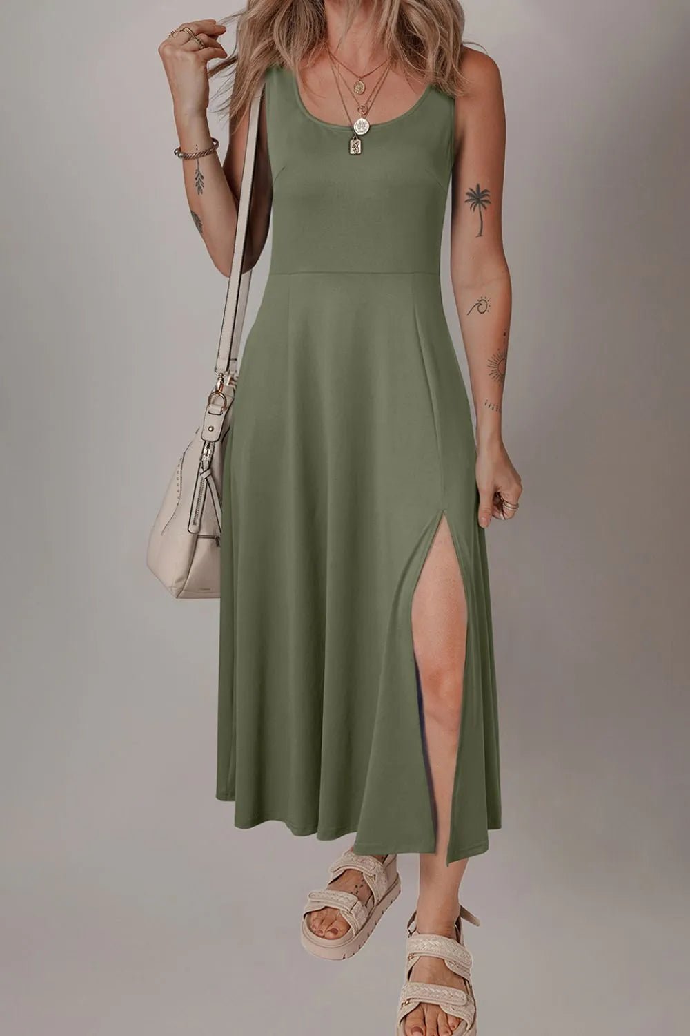 Crowned Energy CO. Sage / S Trendsi Dresses/Maxi Dresses Side Slit Scoop Neck Wide Strap Dress