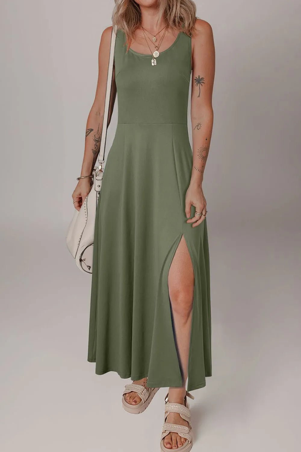 Side Slit Scoop Neck Wide Strap Dress - Goddess Vibes