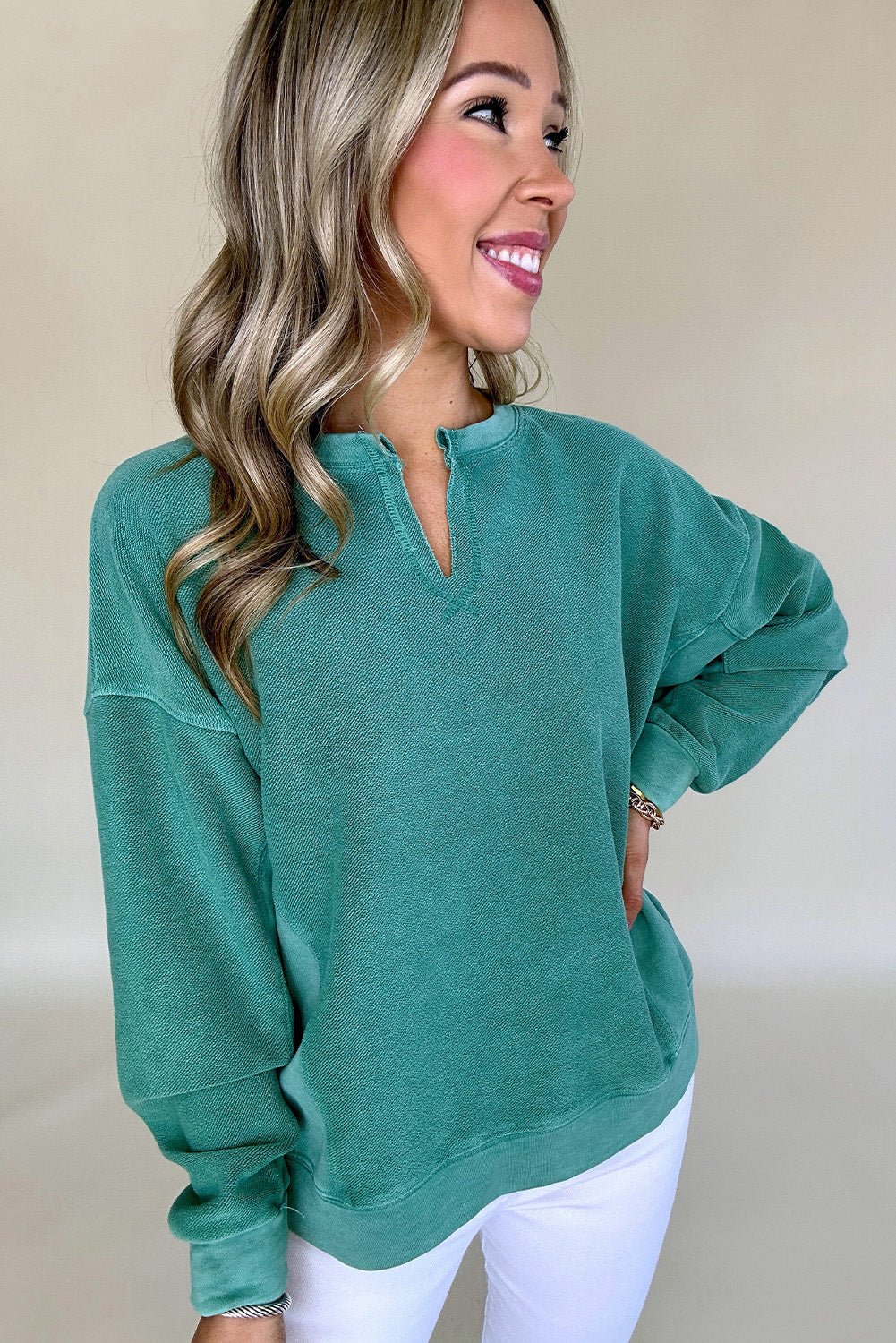 Crowned Energy CO. Skobeloff / S / 65%Polyester+35%Cotton Dear-Lover Dropshipping Tops/Sweatshirts & Hoodies Skobeloff Solid Color Notched Neck Drop Shoulder Sweatshirt