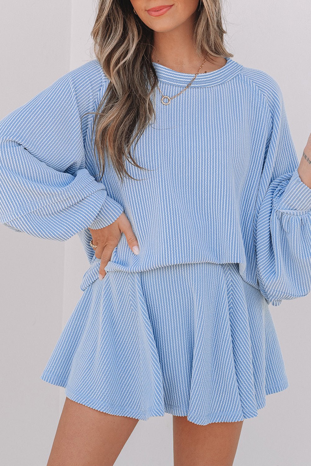 Sky Blue Corded Lantern Sleeve Top High Waist Ruffled Mini Skirt Set - Goddess Vibes