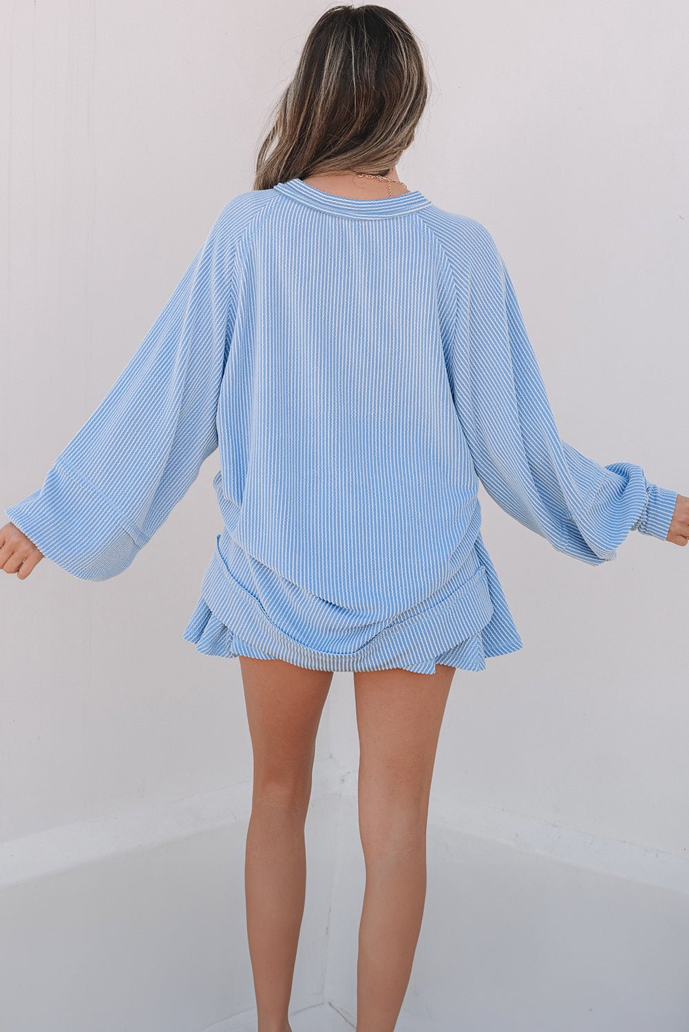 Crowned Energy CO. Sky Blue / S / 75%Polyester+20%Viscose+5%Elastane Dear-Lover Dropshipping Two Piece Sets/Two Piece Dresses Sky Blue Corded Lantern Sleeve Top High Waist Ruffled Mini Skirt Set