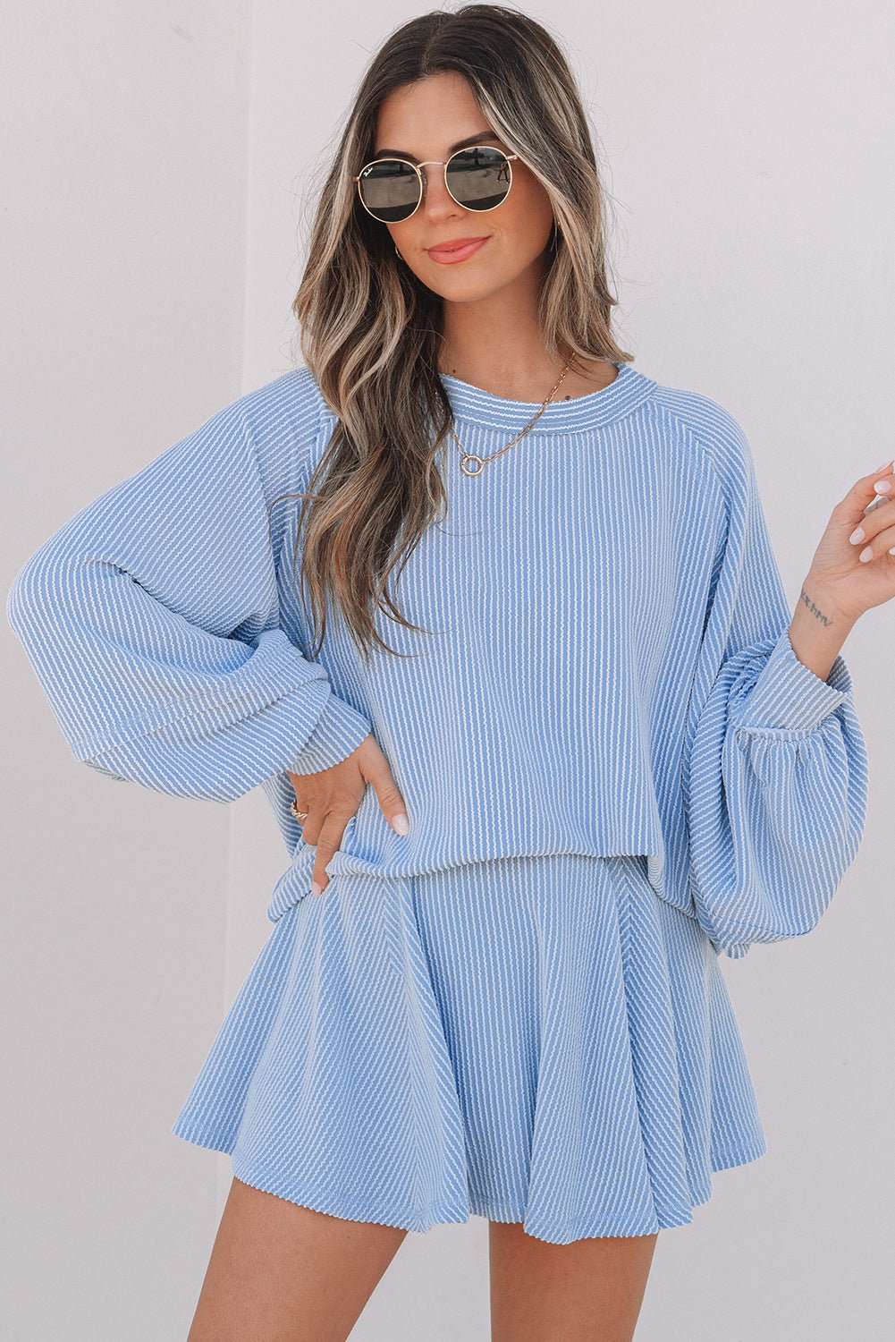 Crowned Energy CO. Sky Blue / S / 75%Polyester+20%Viscose+5%Elastane Dear-Lover Dropshipping Two Piece Sets/Two Piece Dresses Sky Blue Corded Lantern Sleeve Top High Waist Ruffled Mini Skirt Set