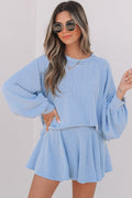 Crowned Energy CO. Sky Blue / S / 75%Polyester+20%Viscose+5%Elastane Dear-Lover Dropshipping Two Piece Sets/Two Piece Dresses Sky Blue Corded Lantern Sleeve Top High Waist Ruffled Mini Skirt Set