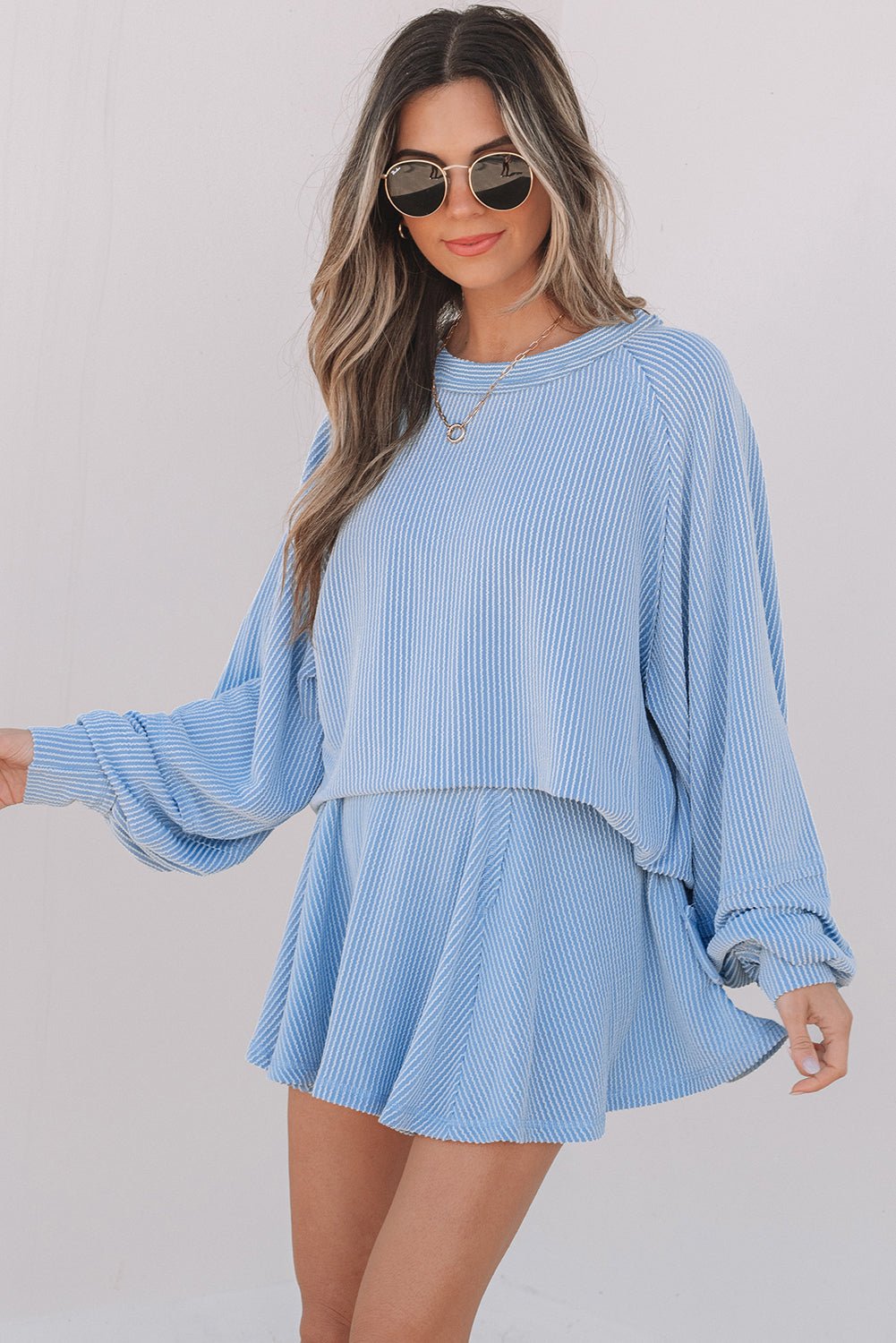 Crowned Energy CO. Sky Blue / S / 75%Polyester+20%Viscose+5%Elastane Dear-Lover Dropshipping Two Piece Sets/Two Piece Dresses Sky Blue Corded Lantern Sleeve Top High Waist Ruffled Mini Skirt Set