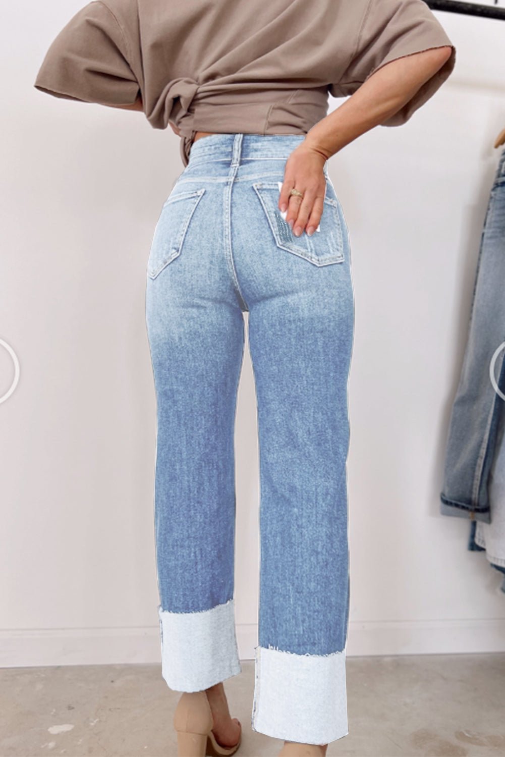 Sky Blue High Waist Distressed Straight Leg Jeans - Crowned Energy CO.
