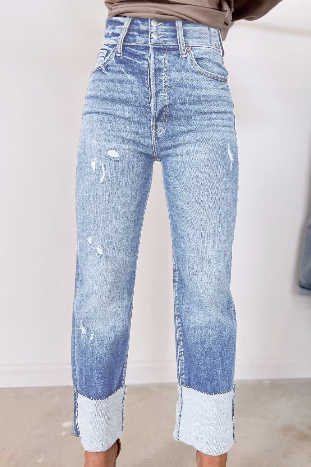 Sky Blue High Waist Distressed Straight Leg Jeans - Crowned Energy CO.