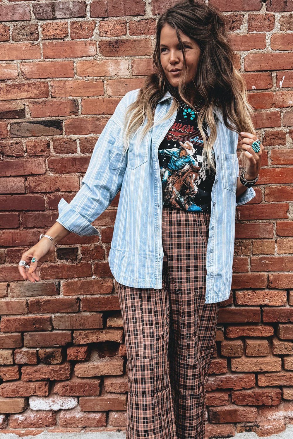 Sky Blue Stripe Boyfriend Chest Pocket Classic Denim Shacket - Crowned Energy CO.