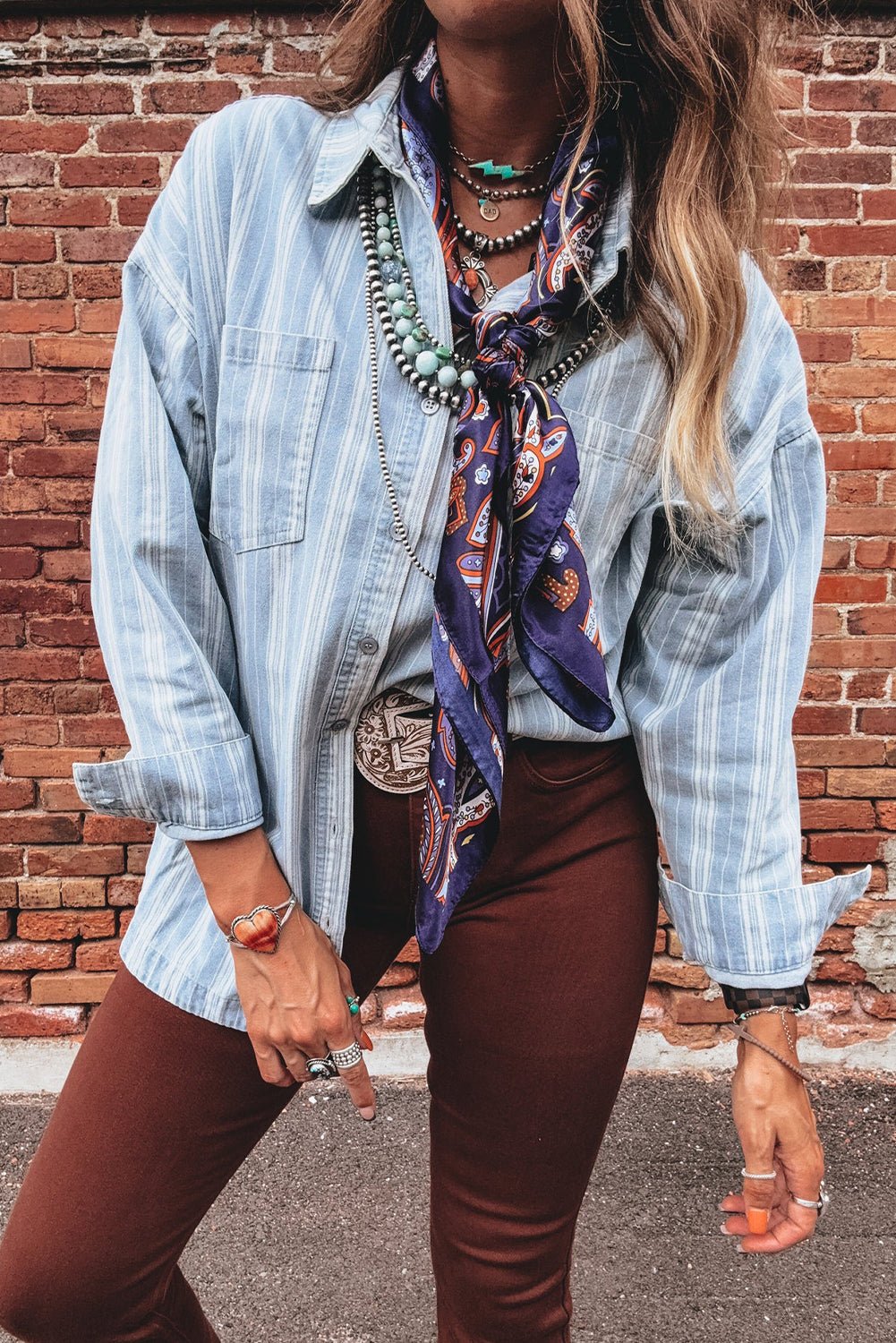 Sky Blue Stripe Boyfriend Chest Pocket Classic Denim Shacket - Crowned Energy CO.