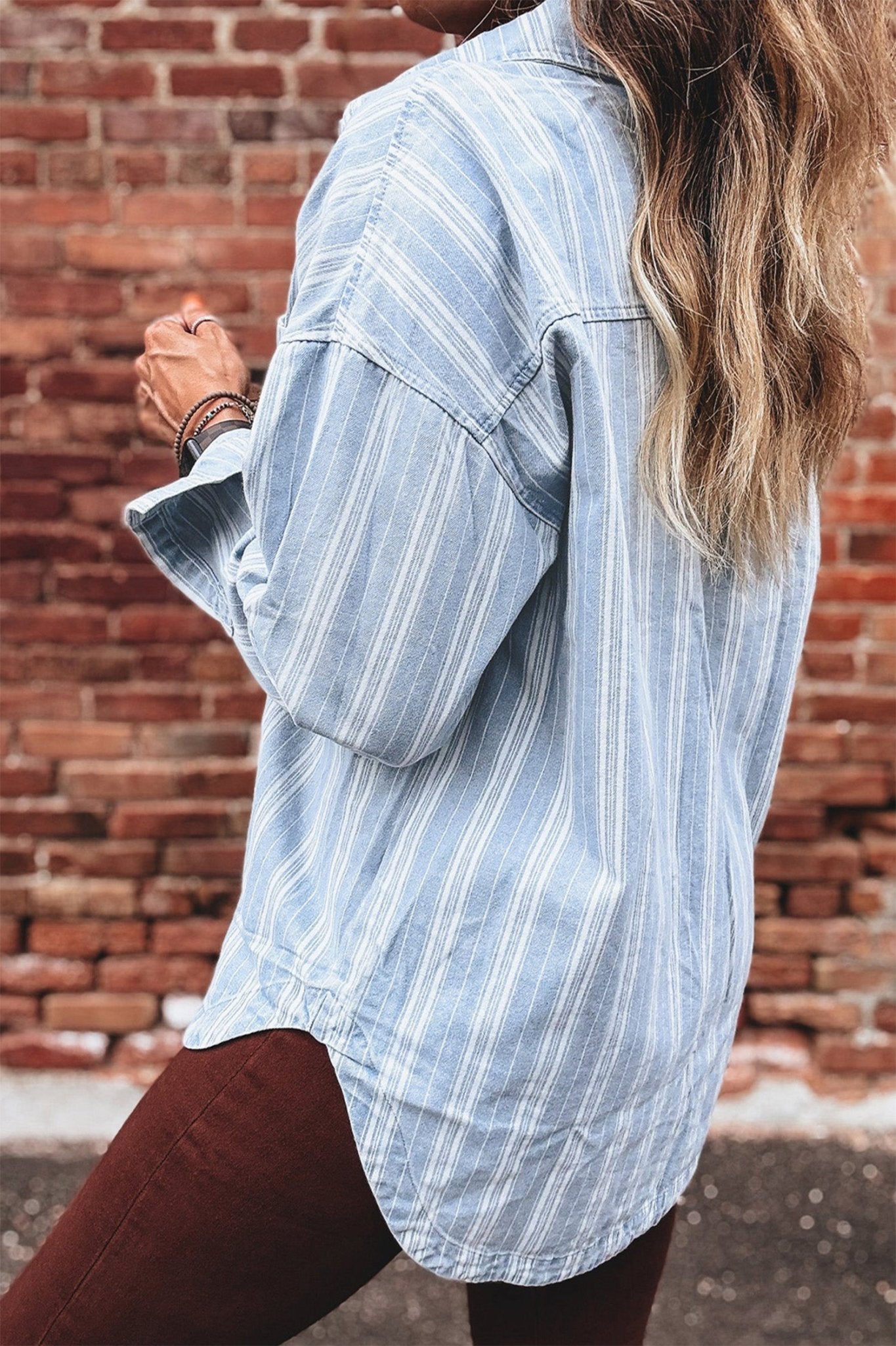 Sky Blue Stripe Boyfriend Chest Pocket Classic Denim Shacket - Crowned Energy CO.