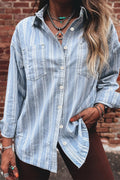 Sky Blue Stripe Boyfriend Chest Pocket Classic Denim Shacket - Crowned Energy CO.