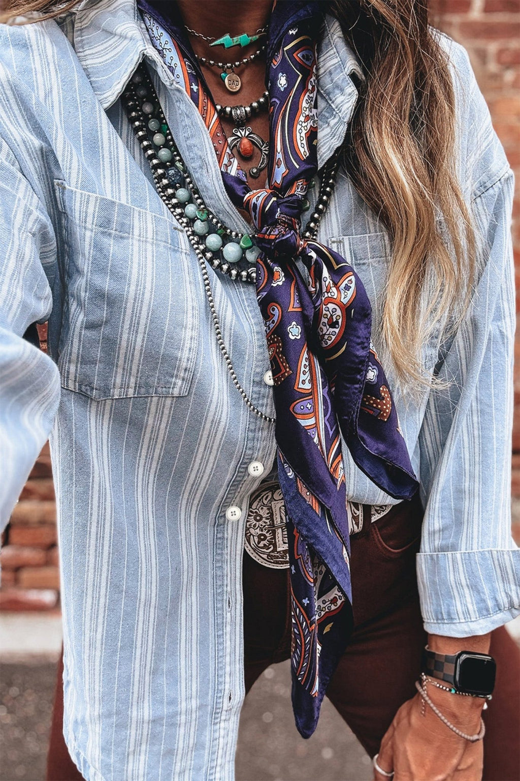 Sky Blue Stripe Boyfriend Chest Pocket Classic Denim Shacket - Crowned Energy CO.