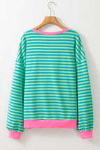 Sky Blue Stripe Oversized Contrast Trim Pullover Sweatshirt - Goddess Vibes