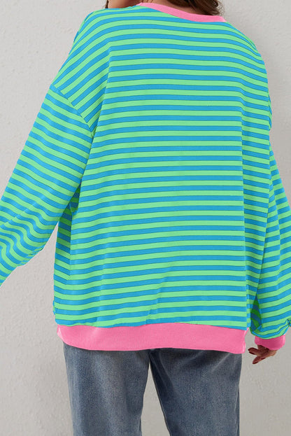 Sky Blue Stripe Oversized Contrast Trim Pullover Sweatshirt - Goddess Vibes