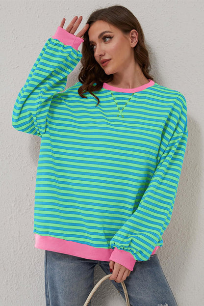 Sky Blue Stripe Oversized Contrast Trim Pullover Sweatshirt - Goddess Vibes