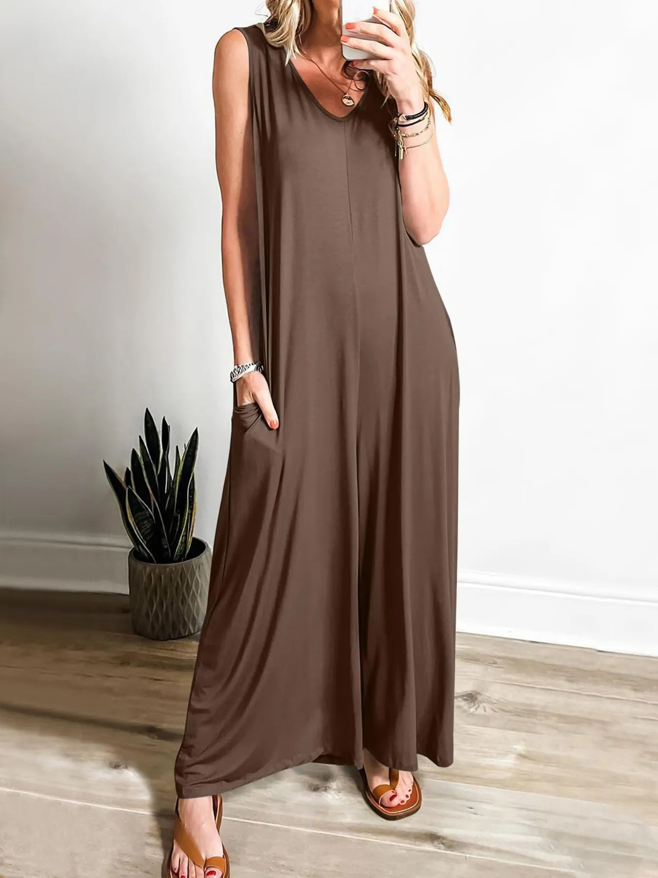 Crowned Energy CO. Brown / S Trendsi Jumpsuit Sleeveless V-Neck Jumpsuit with Pockets
